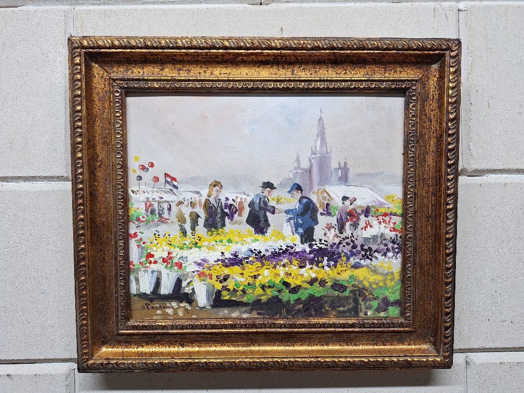 Schilderij Bloemenmarkt met figuren en toren H Poeder, Antiek en Kunst, Paneel, Realistisch, Ophalen of Verzenden, Gesigneerd
