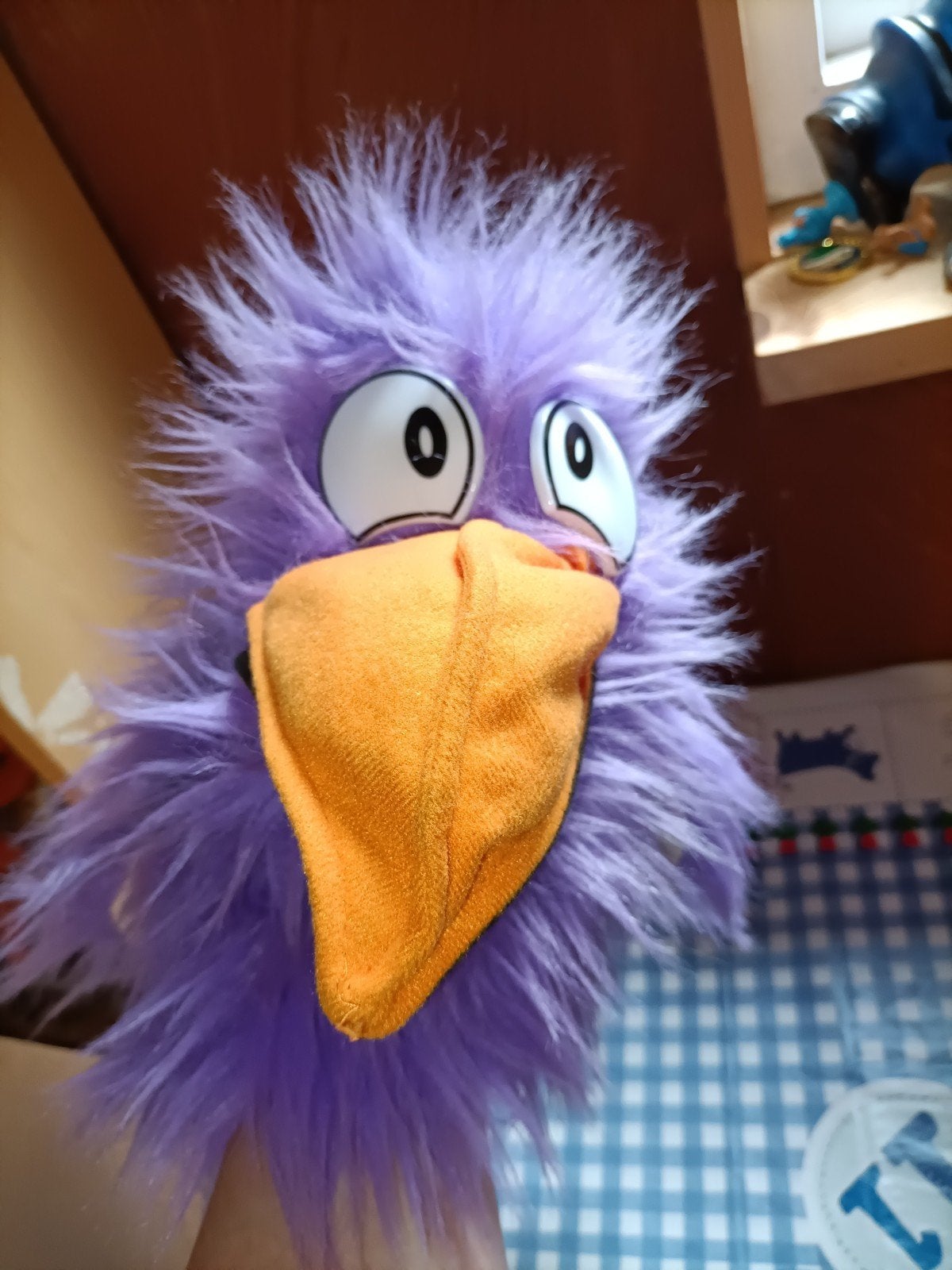 Paarse kraai vogel handpop met piepje in snavel Otto Simon, Ophalen of Verzenden, Zo goed als nieuw, Overige typen