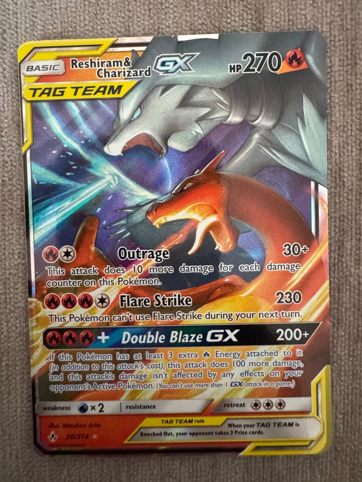 Pokémon Kaart Reshiram & Charizard GX TAG TEAM, Ophalen of Verzenden, Zo goed als nieuw, Losse kaart