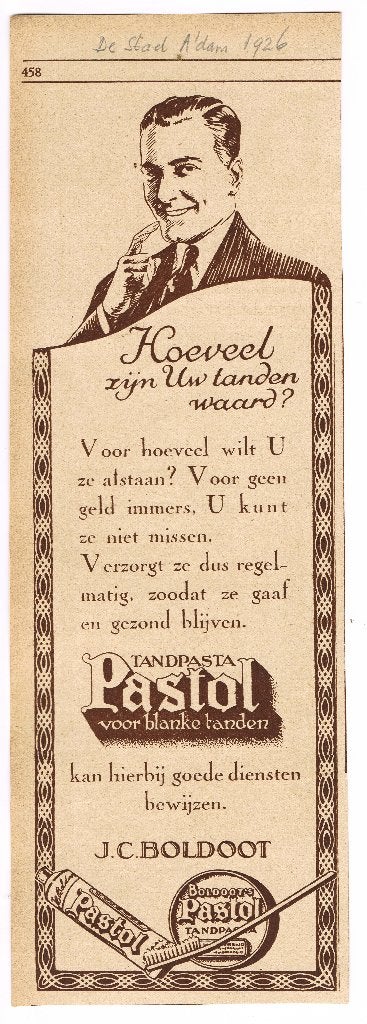 Boldoot - Pastol Tandpasta - Advertentie uit 1926, Ophalen of Verzenden, 1920 tot 1940, Knipsel(s)