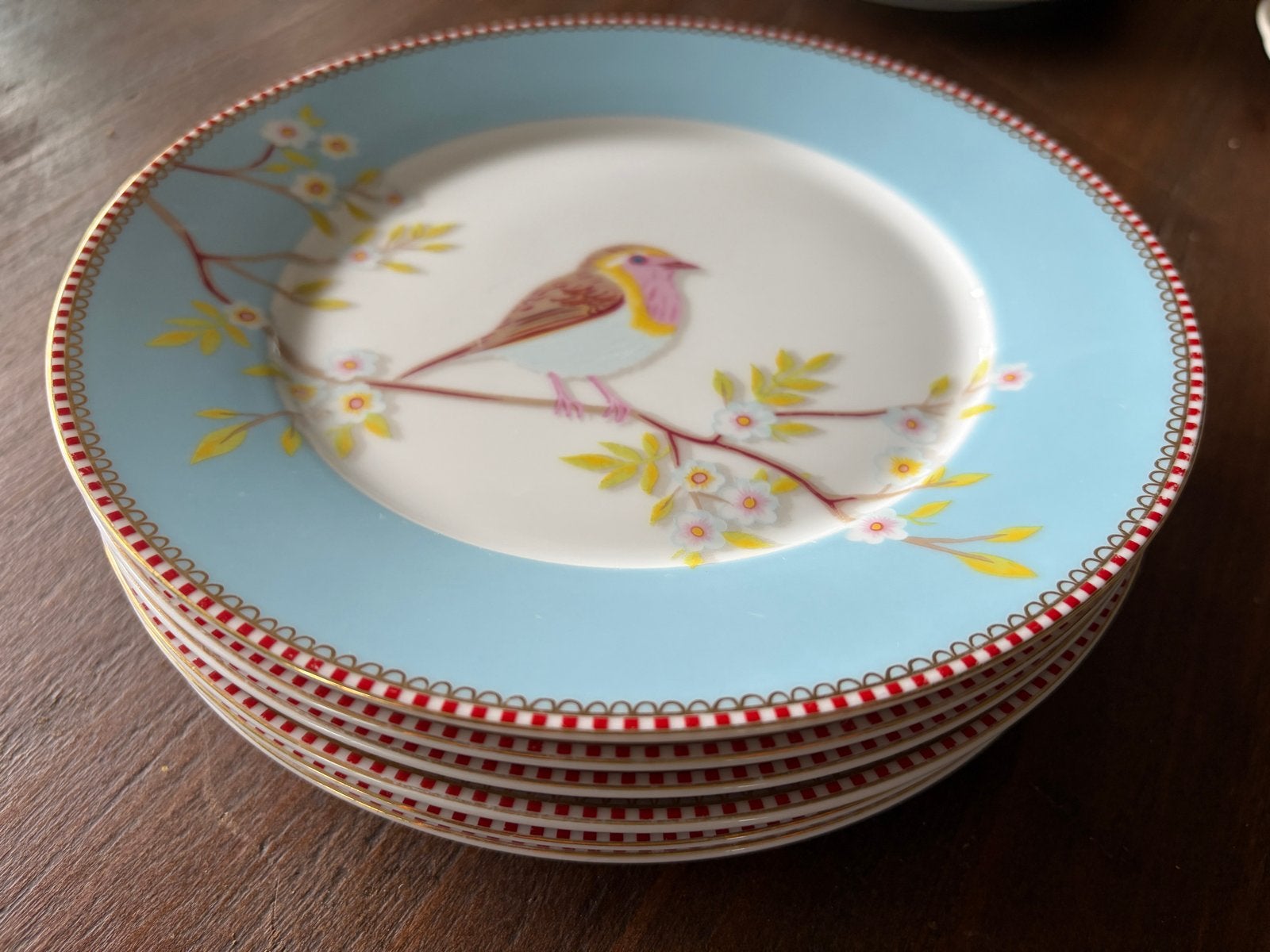 6 Pip Studio Ontbijtborden Floral Bird Collectie Blauw Khaki, Gebruikt, Pip Studio, Ophalen of Verzenden, Bord(en)