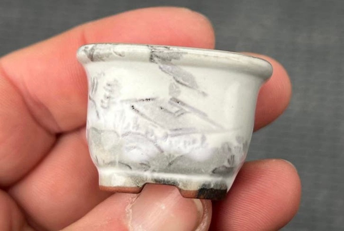 Bonsai Mame pot gedecoreerd gemerkt Japans 4x4x2,8, Vierkant, Ophalen of Verzenden, Zo goed als nieuw, Aardewerk
