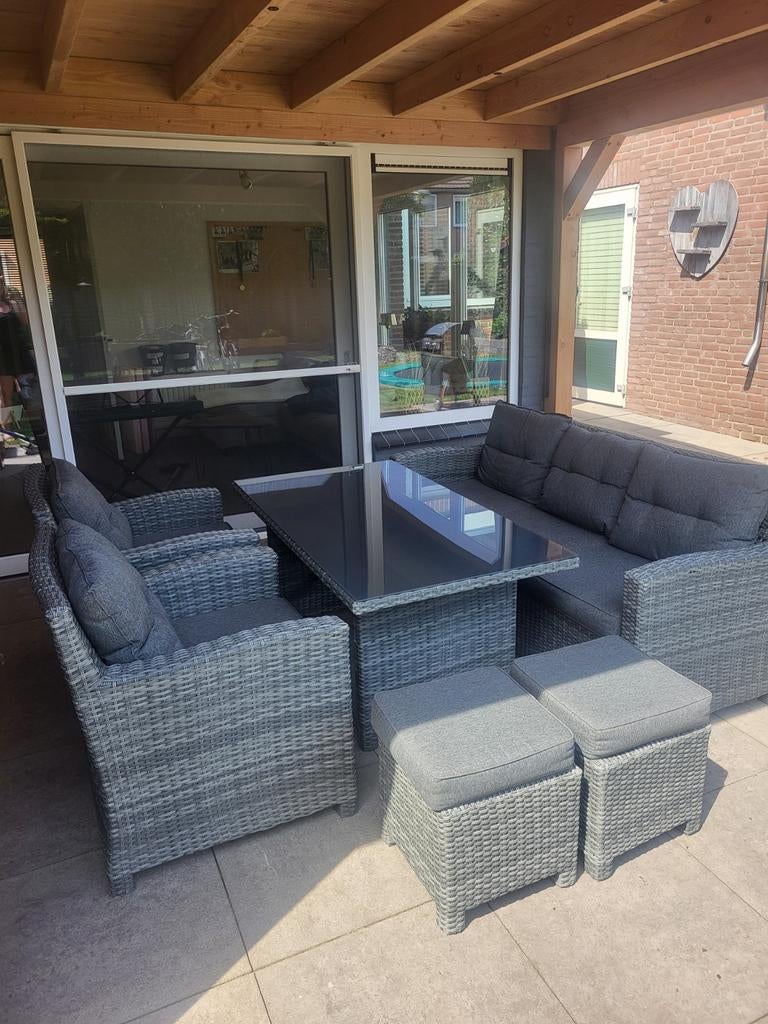 Grijze Wicker Dining Loungeset 5-7 Personen met Kussens, Tuin en Terras, Bank, Gebruikt, Ophalen of Verzenden, Loungeset