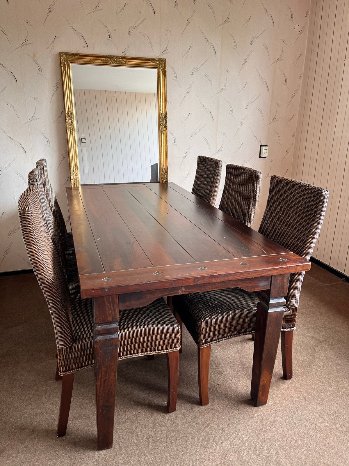 Koloniale teak eettafel (185x90) met 6 rotan stoelen., Huis en Inrichting, Tafels | Eettafels, Ophalen, Gebruikt, 50 tot 100 cm