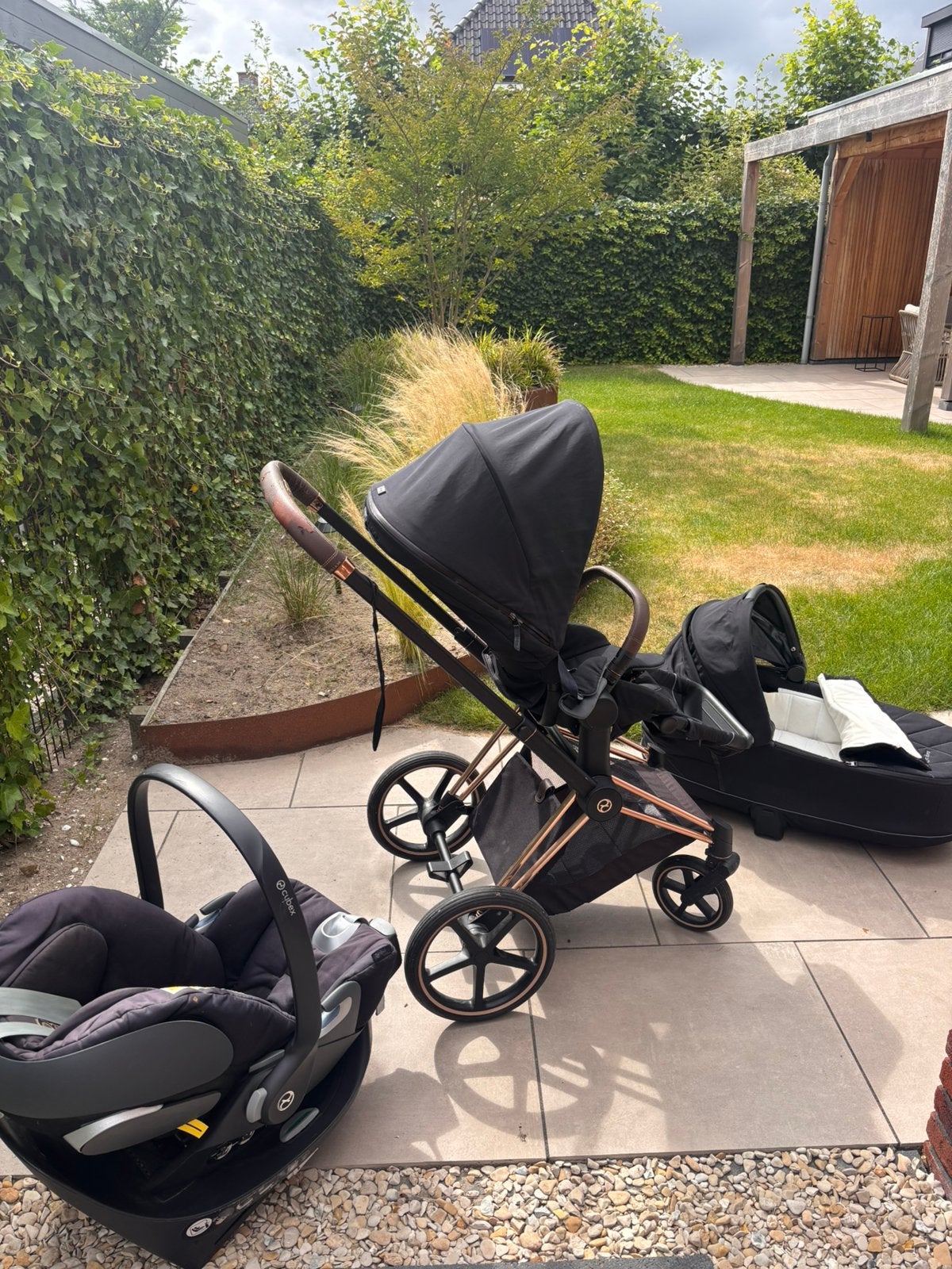 Cybex Priam 3-in 1 Kinderwagenset Zwart met Rose Gold Frame, Ophalen of Verzenden, Gebruikt, Overige merken, Verstelbare duwstang