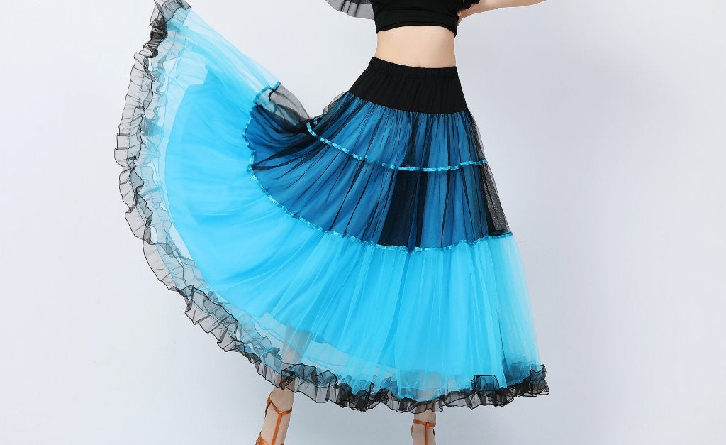 Blauw zwarte flamenco rok dans kleding ballroom waltz dames, Sport en Fitness, Verzenden, Nieuw, Kleding