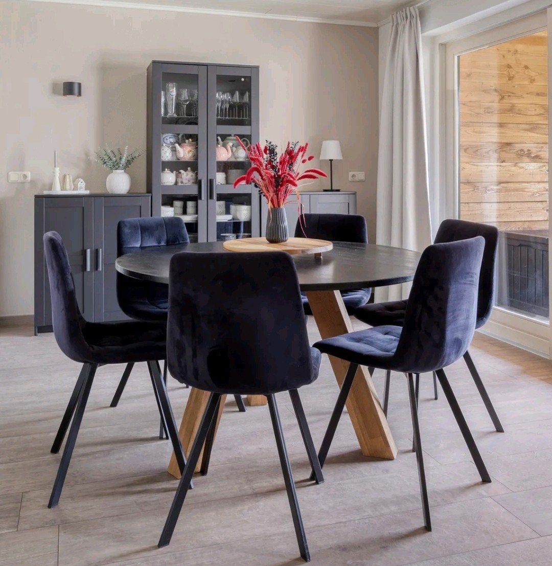 Ronde eettafel met zwart blad - 129 cm doorsnede, Ophalen, Gebruikt, Vijf personen of meer, Rond