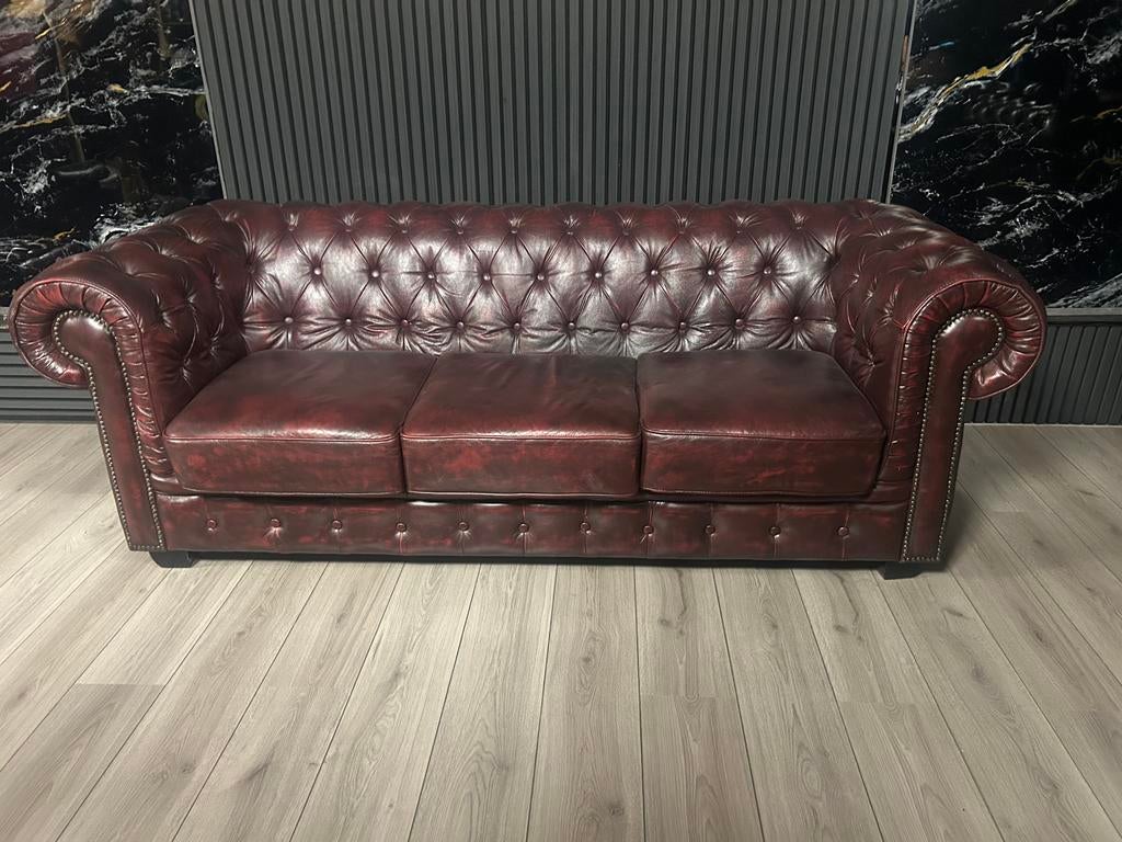 Orginele Chesterfield Lederen 3 Zits Bank - Birmingham, Ophalen of Verzenden, Zo goed als nieuw