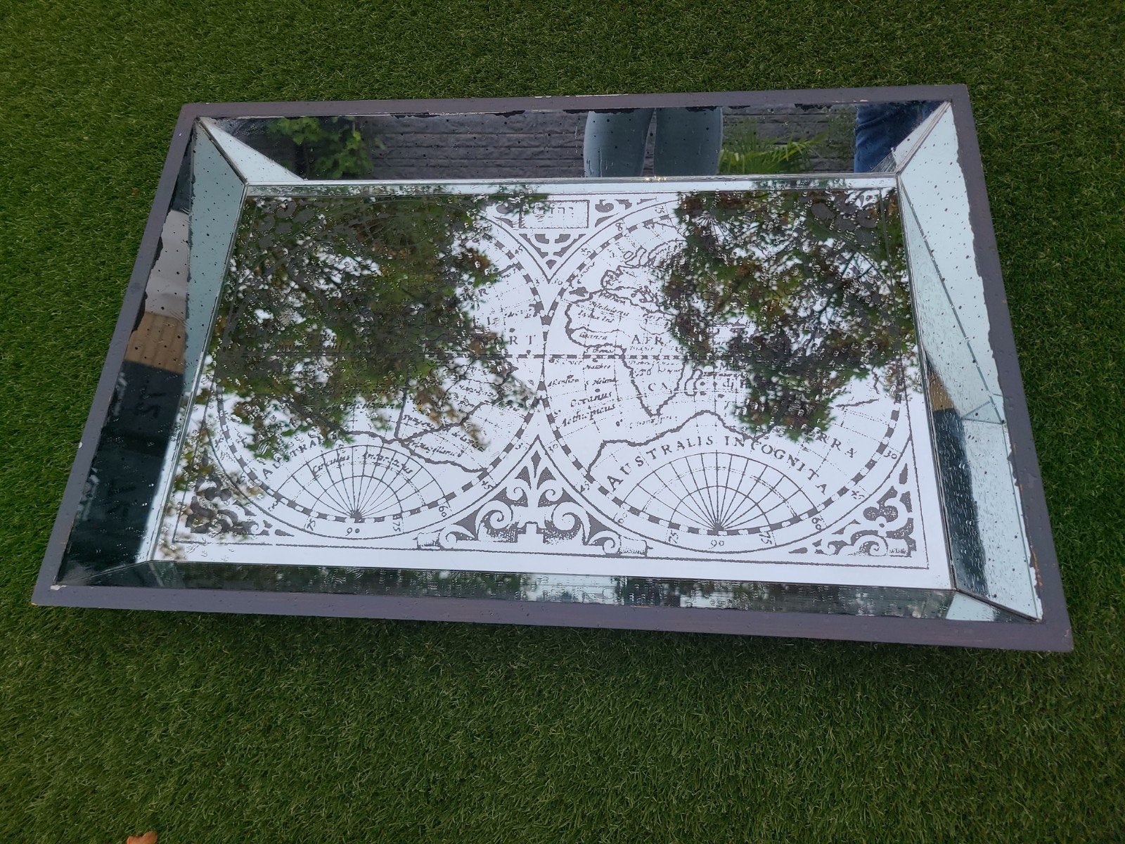 Spiegel dienblad met wereldkaart - Hout - 60x40 cm, Gebruikt, Ophalen of Verzenden, Minder dan 100 cm, Rechthoekig