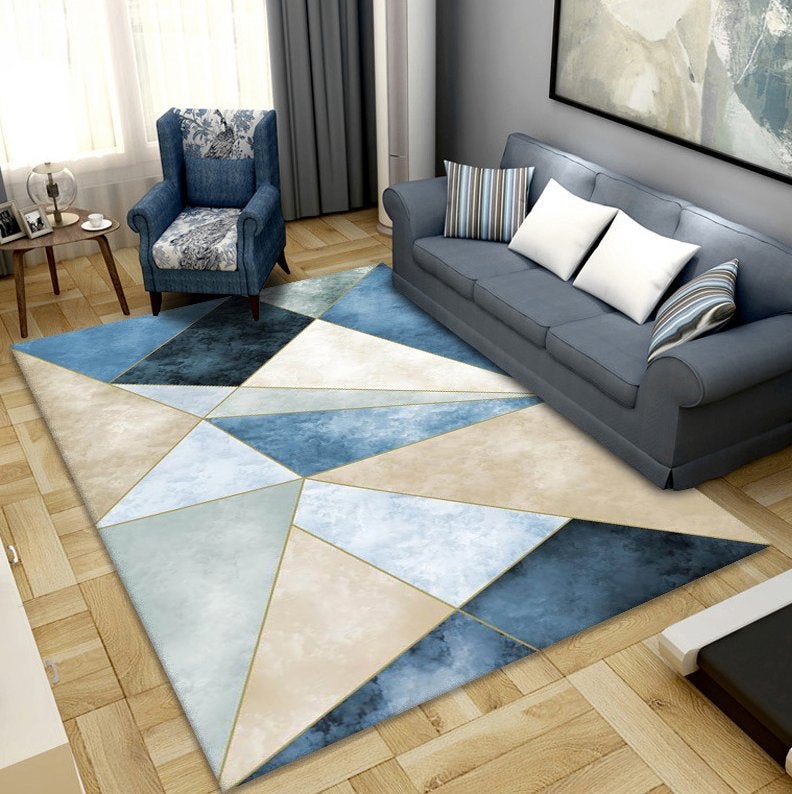 Blauw Groen Beige Geometrisch Vloerkleed / Kleed Tapijt Mat, Verzenden, Blauw, Rechthoekig, Nieuw