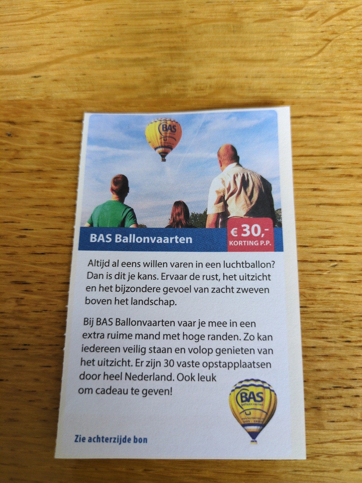 Kortingsbon voor Bas Ballonvaarten, 30 euro korting, Drie personen of meer, Kortingsbon, Overige typen