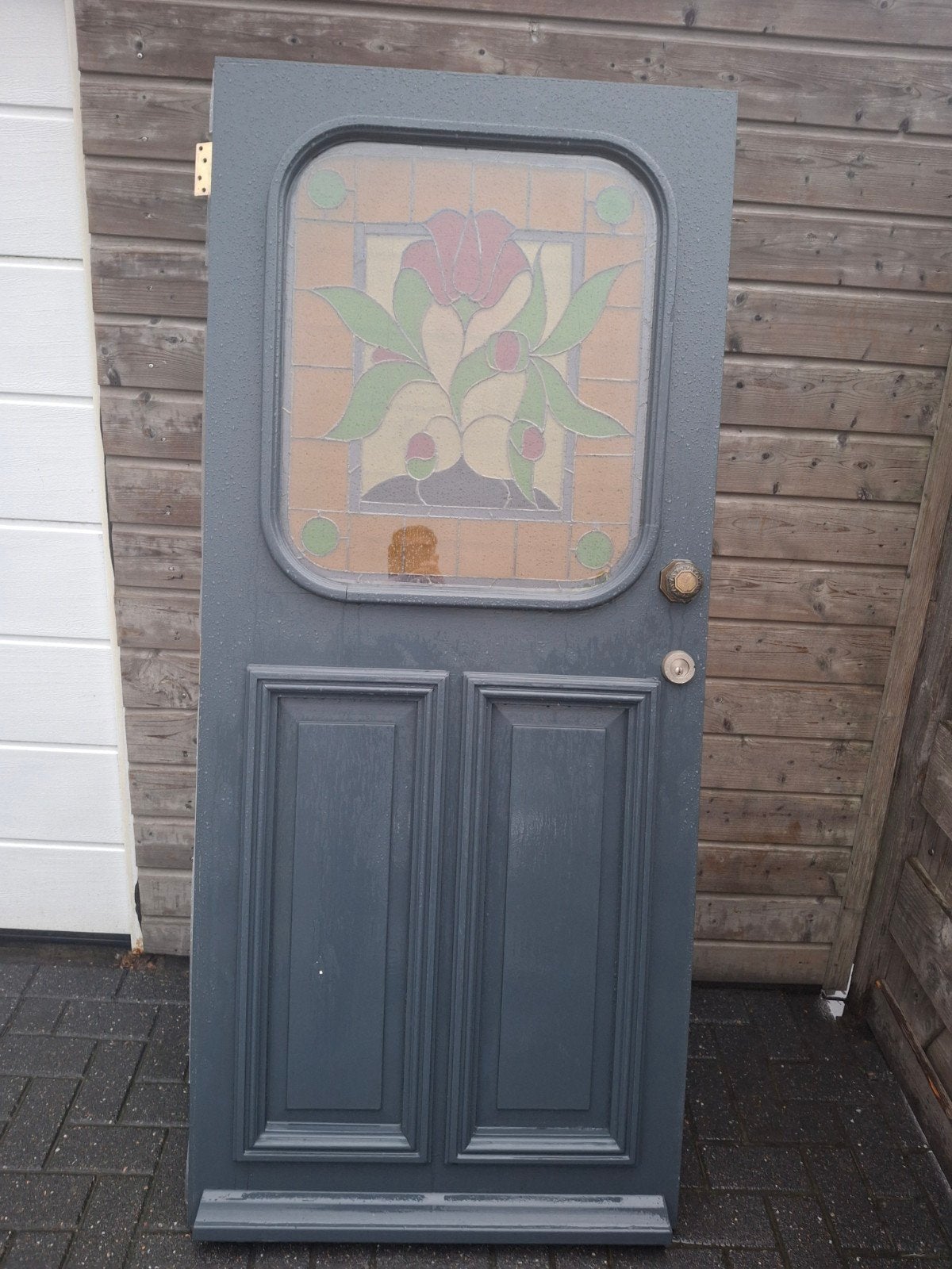 Prachtige buitendeur met glas-in-lood en antieke klink, Gebruikt, Ophalen of Verzenden, 200 tot 215 cm, Glas