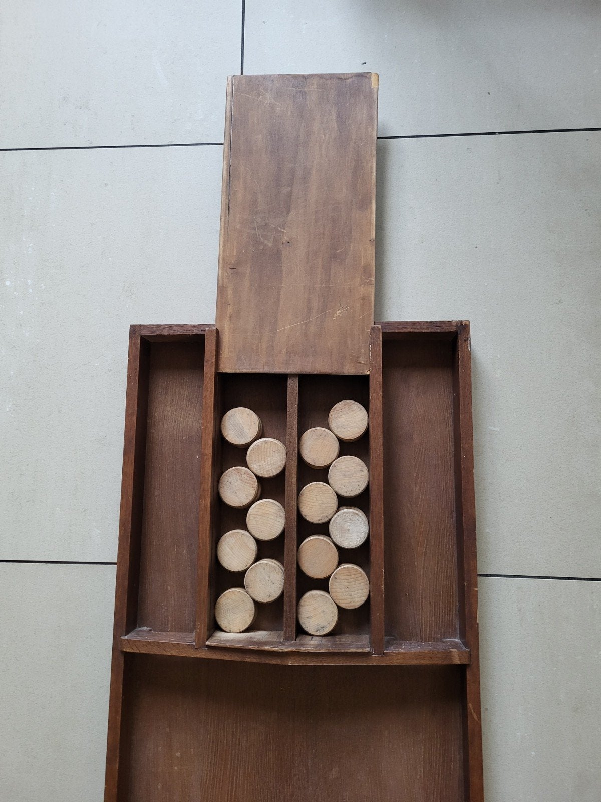 Vintage SJOELBAK 2 meter lang incl 30 sjoelstenen 200 x 45cm, Hobby en Vrije tijd, Gezelschapsspellen | Bordspellen, Vijf spelers of meer