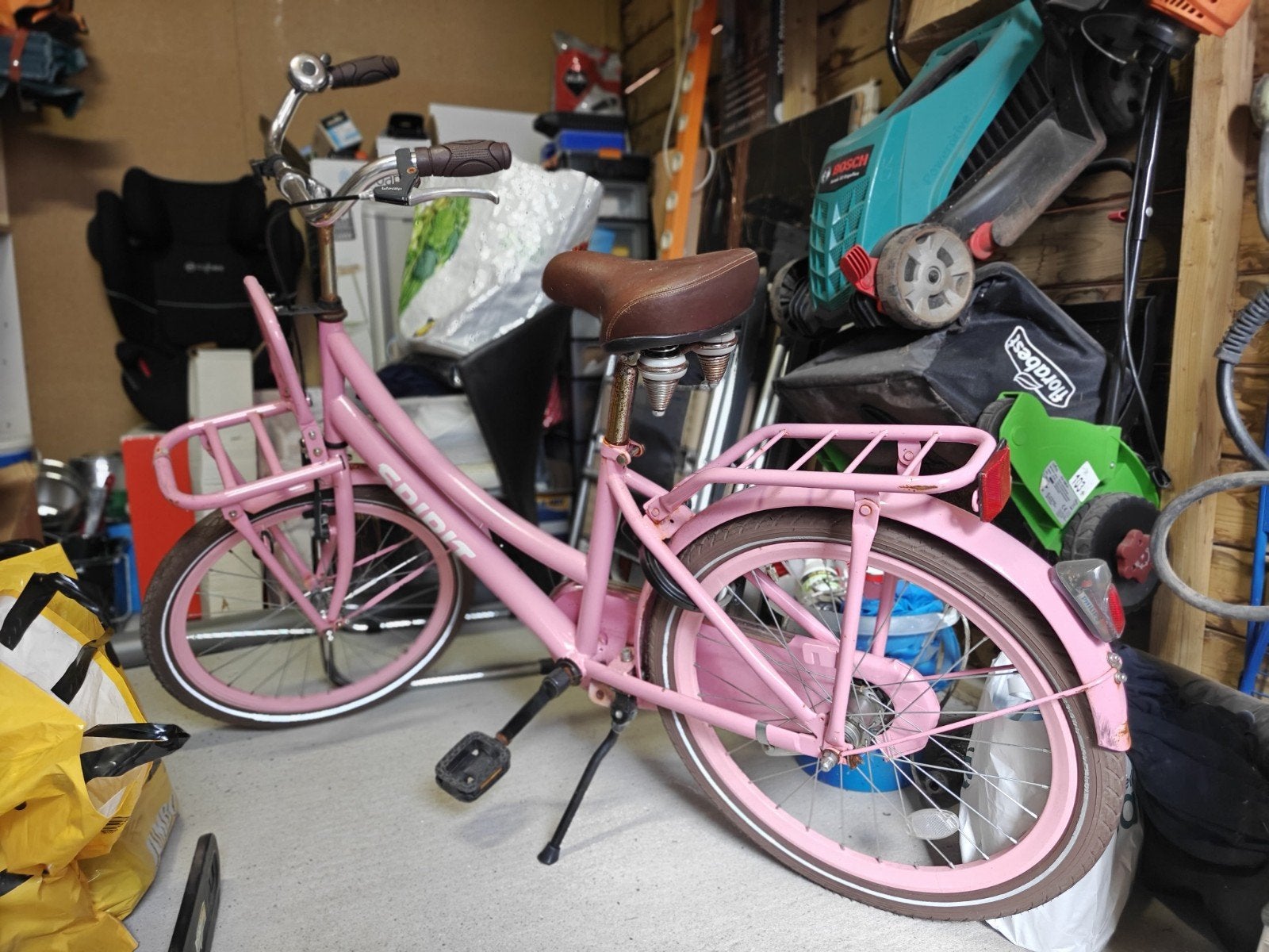 Roze kinderfiets met mandje en bagagedrager, Ophalen, Velgrem, Spirit, 16 tot 20 inch