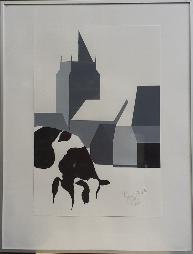 Moderne kunstprint: Koe en Dorpsgezicht, Antiek en Kunst, Kunst | Schilderijen | Klassiek, Ophalen