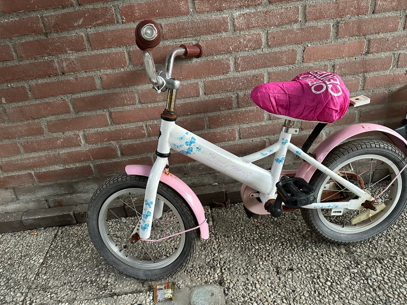 Kinderfiets 12 inch of 14 inch - Wit/Roze met Vlinders, Ophalen of Verzenden, Gebruikt, Terugtraprem, Minder dan 16 inch