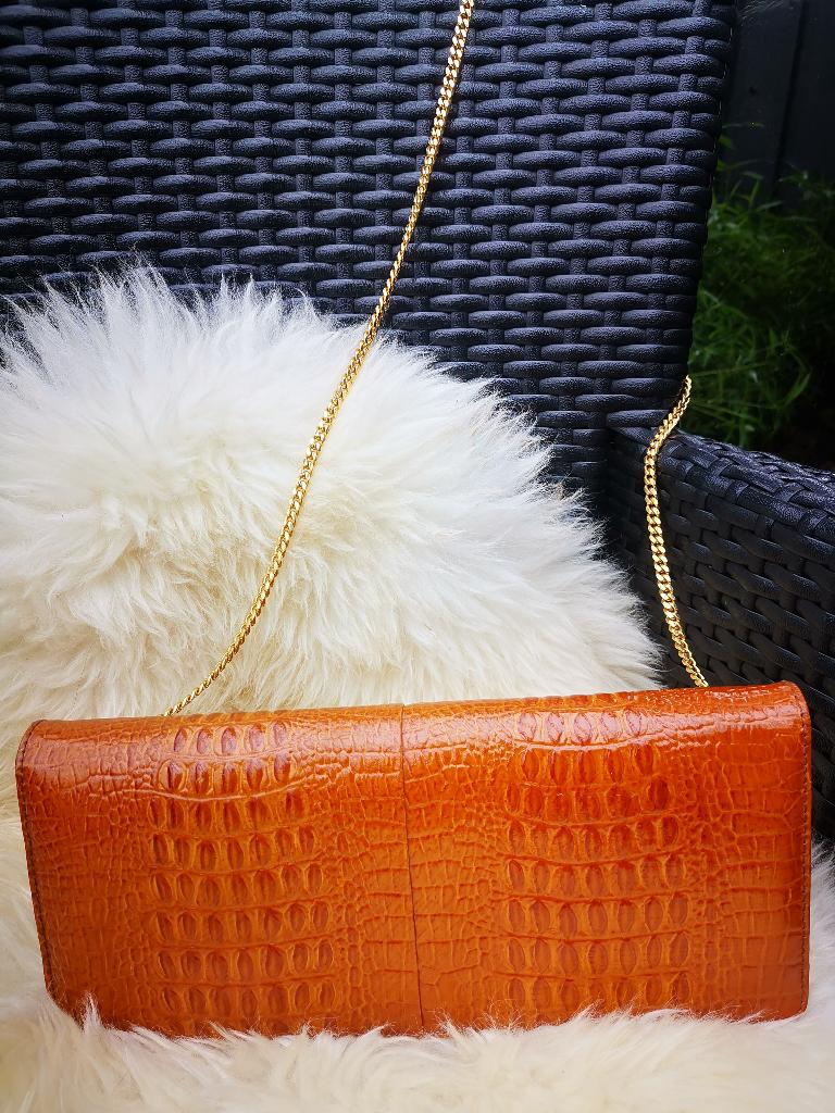 vintage crocodile leer schoudertas Handtas ketting art deco, Ophalen of Verzenden, Zo goed als nieuw, Bruin, Handtas