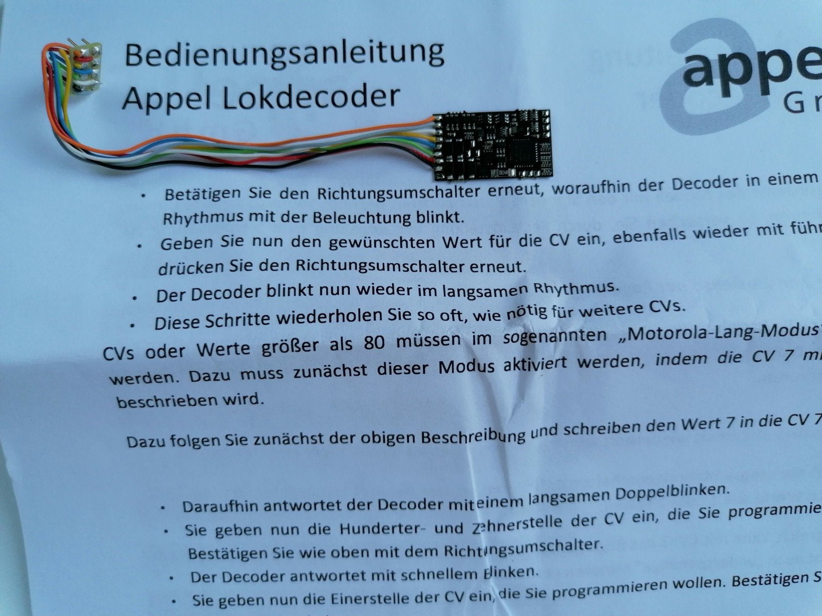 Appel decoder GmbH. 8 polige decoder. Nieuwstaat. Idem Lenz., Hobby en Vrije tijd, Modeltreinen | H0, Overige merken, Transformator of Voeding