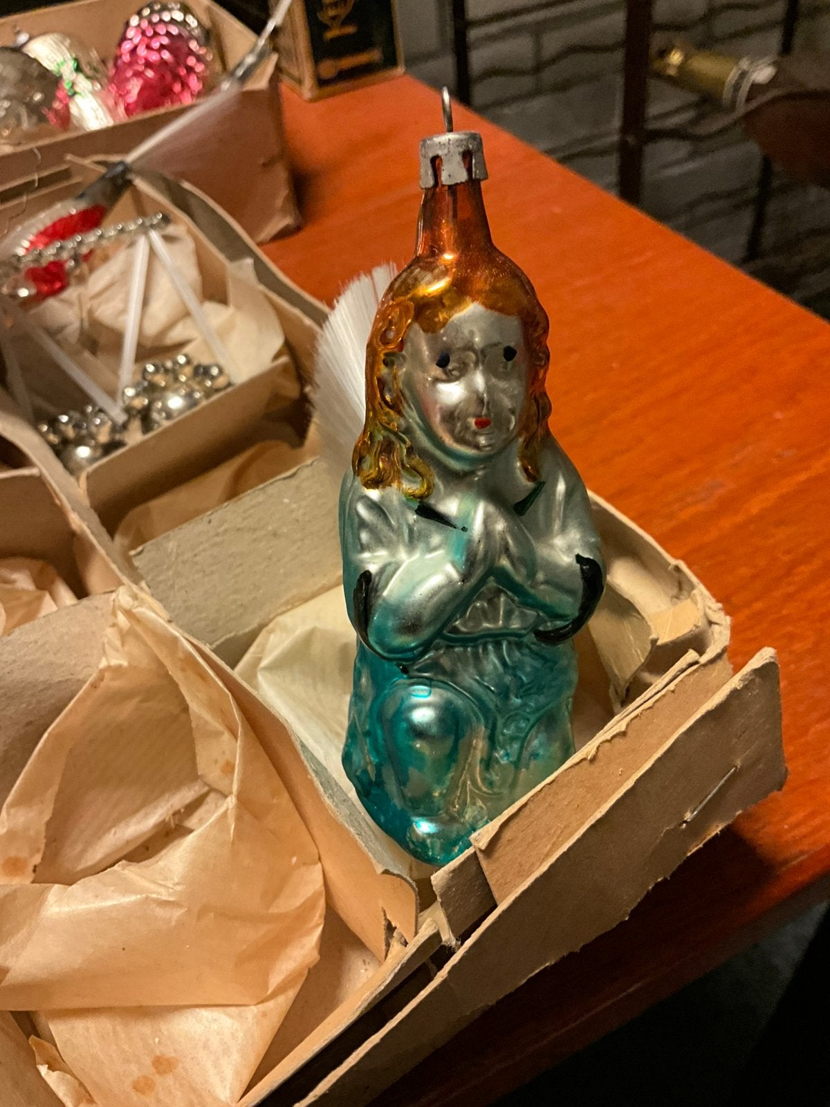 ANTIEKE KERSTBAL BLAUWE ENGEL MET VLEUGELS, Ophalen of Verzenden, Gebruikt