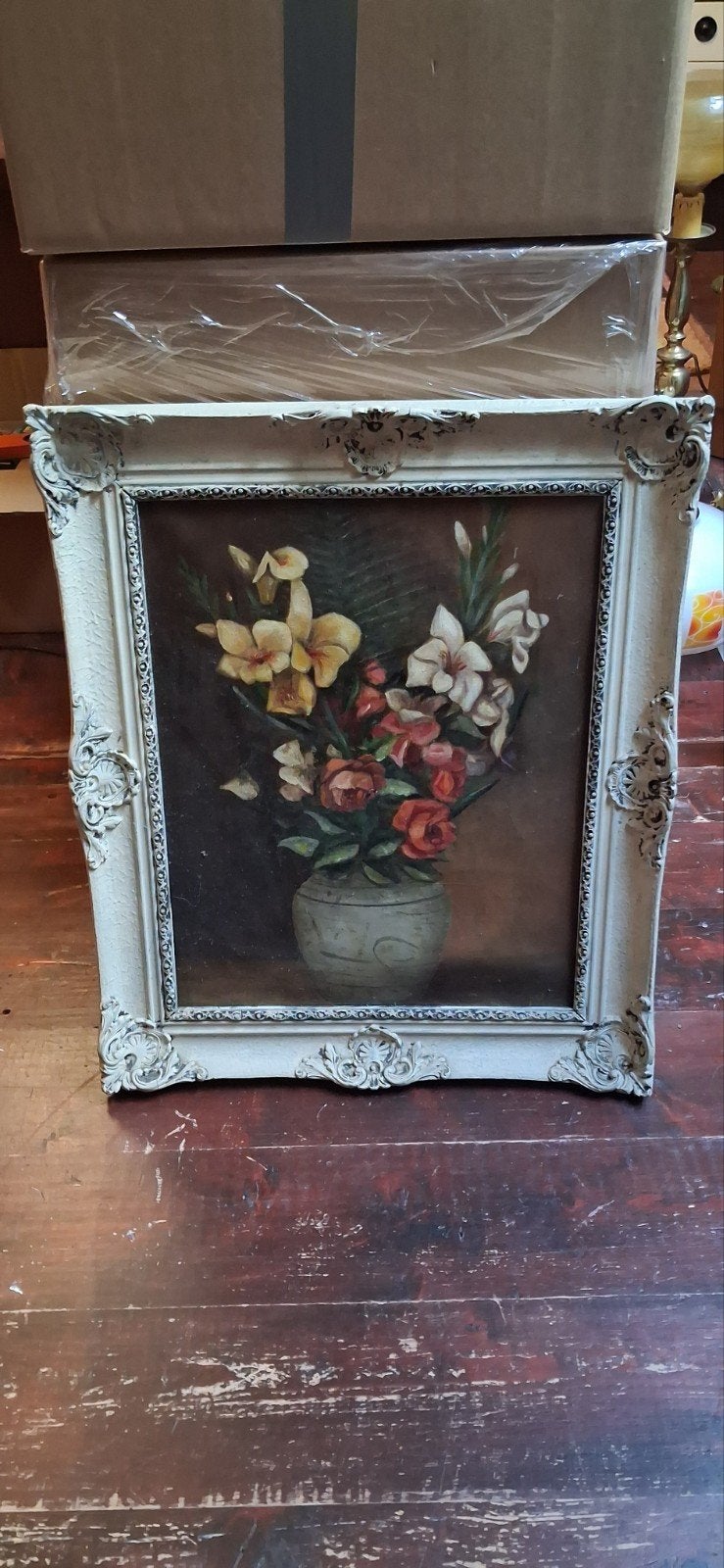 Olieverf op doek: Bloemen in vaas in baroklijst, Bijzondere lijst, Doek, Olieverf, Ophalen