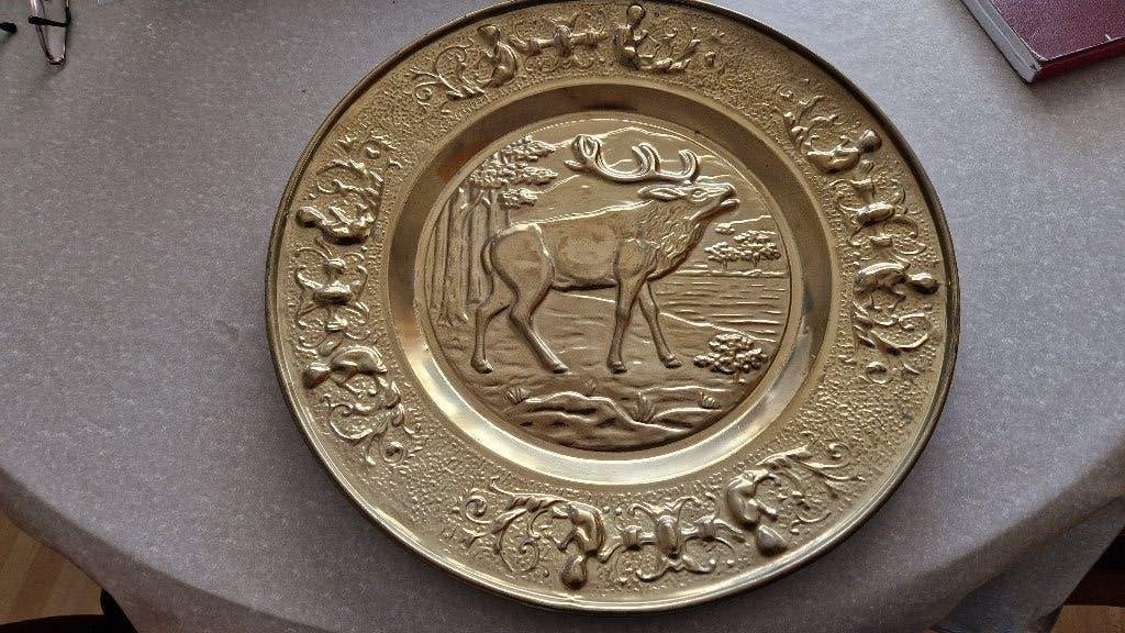 oud koperen messingen wandbord hert, Antiek en Kunst, Antiek | Koper en Brons, Ophalen of Verzenden, Koper