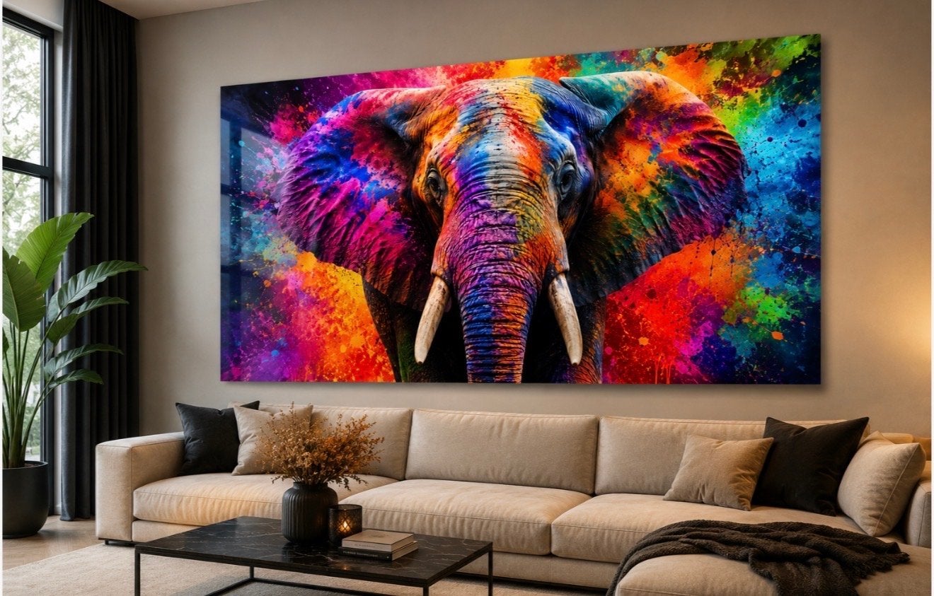 Plexiglas Schilderij Kleurrijke Olifant - 120x80 cm, Ophalen of Verzenden, Kunststof, Print, Dieren