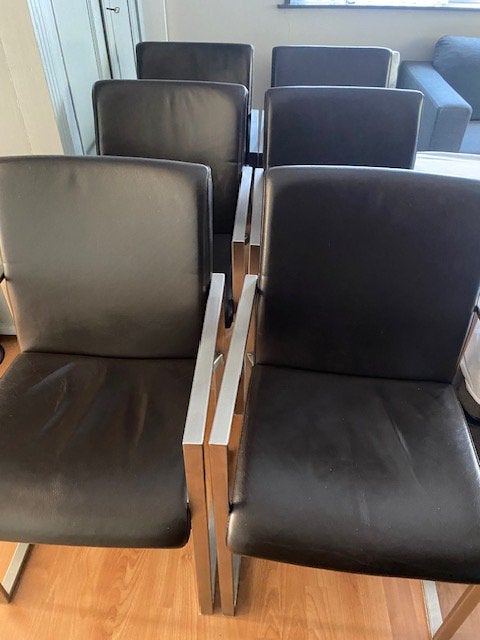 6 eetkamer stoelen in bruin leer met rvs onderstel, Huis en Inrichting, Stoelen, Ophalen, Gebruikt, Bruin, Leer