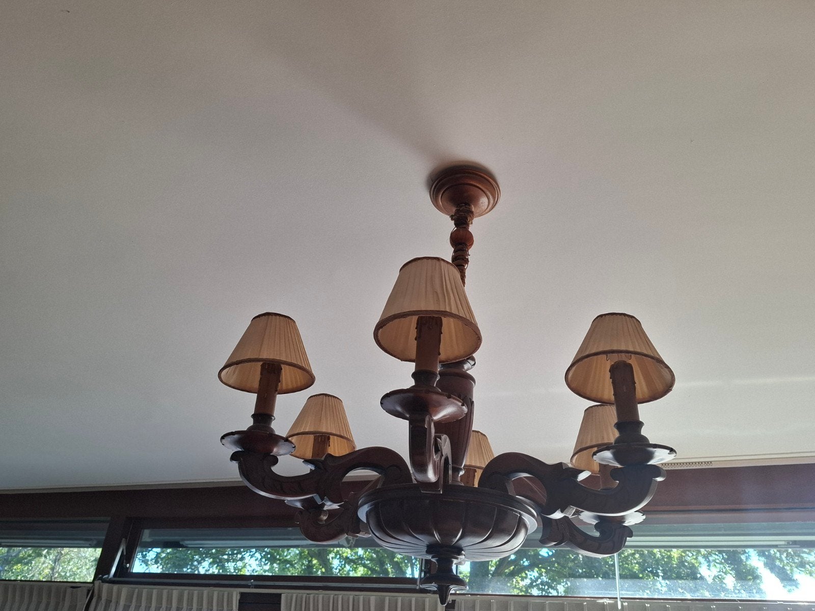 Houtenkroonluchter met 6 lampen - Doorsnee 75cm, Lengte 82cm, Ophalen, Gebruikt, Hout, Klassiek, Landelijk