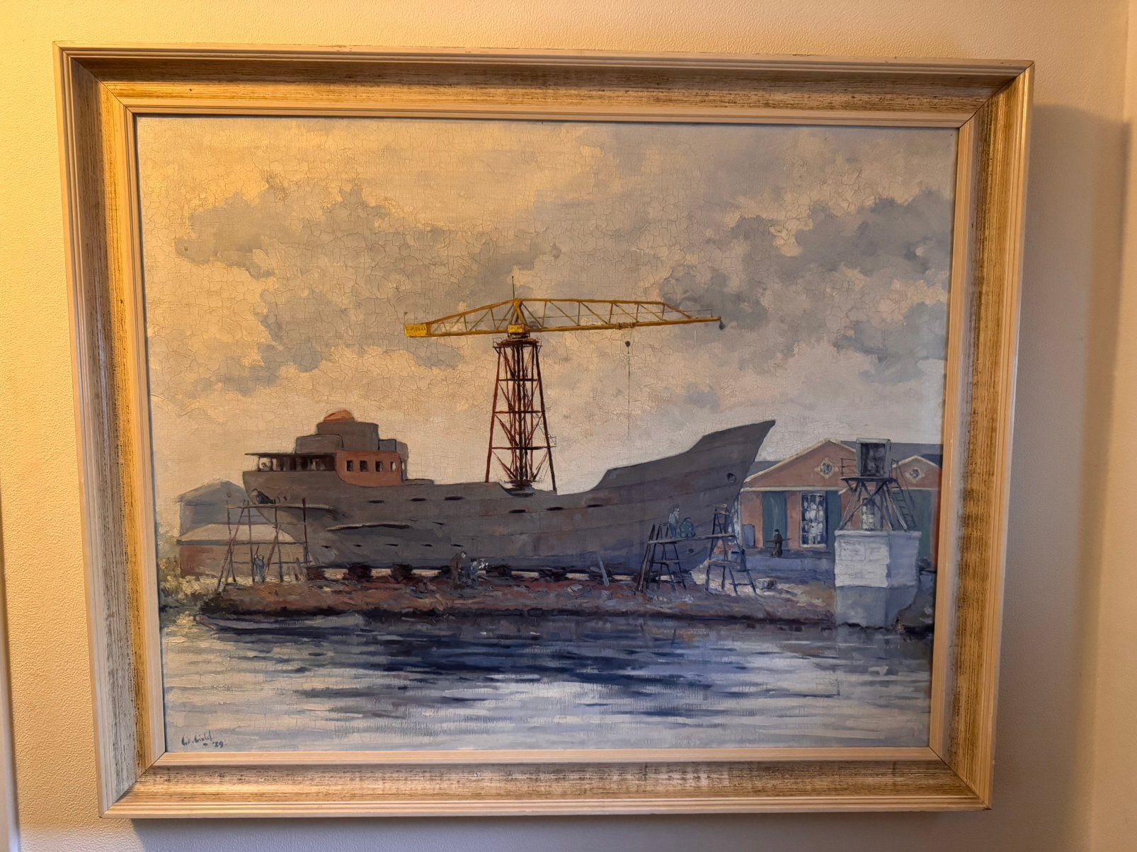 Groot schilderij van een kotter scheepswerf, Ophalen, Ingelijst, Olieverf, Voertuigen