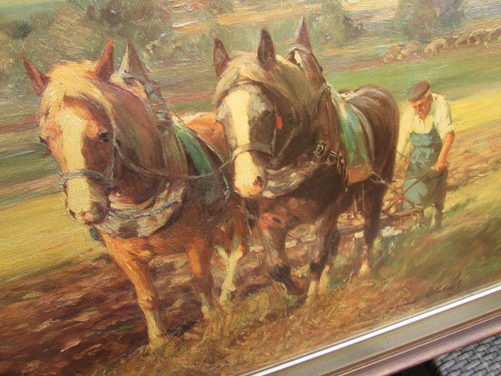 Hans Nickel “Ploegende boer met span paarden”, Antiek en Kunst, Kunst | Schilderijen | Klassiek, Ophalen, Doek, Overige technieken