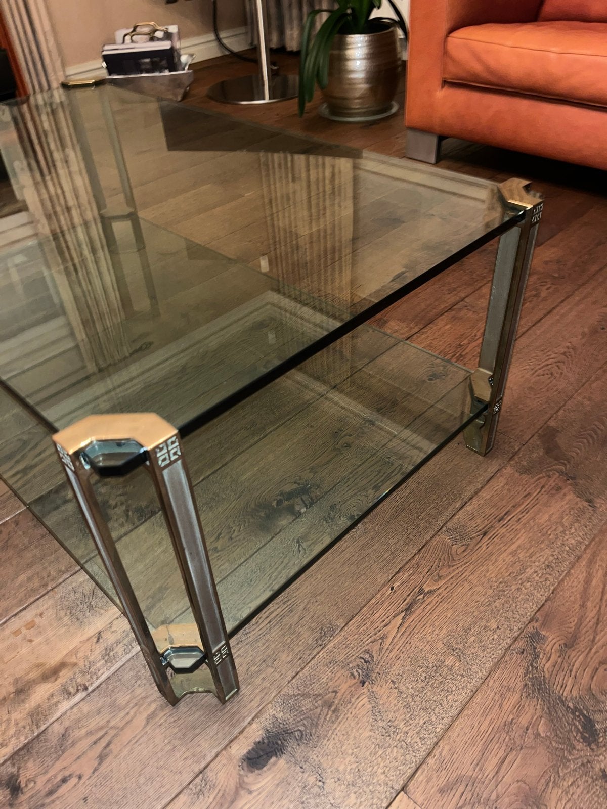 DAVID MARSHALL Glazen salontafel met metalen frame, Ophalen, Gebruikt, 100 tot 150 cm, 50 tot 100 cm