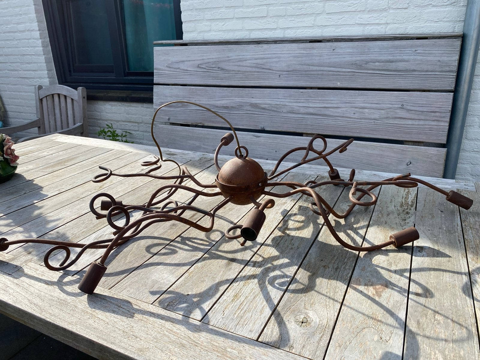 Unieke roestkleurige metalen hanglamp met 8 kleine fittingen, Ophalen, Gebruikt, Metaal, E14 (klein)