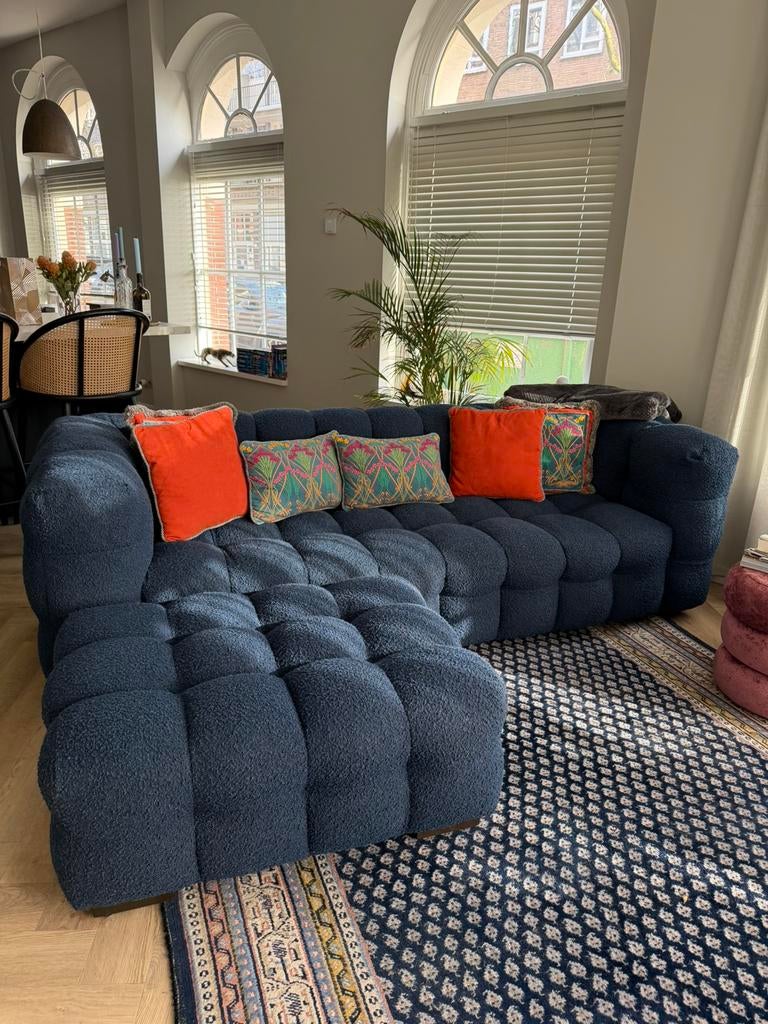 Blauwe bank met poef van Maisons du Monde, Huis en Inrichting, Ophalen, Driepersoons, Zo goed als nieuw, Rechte bank