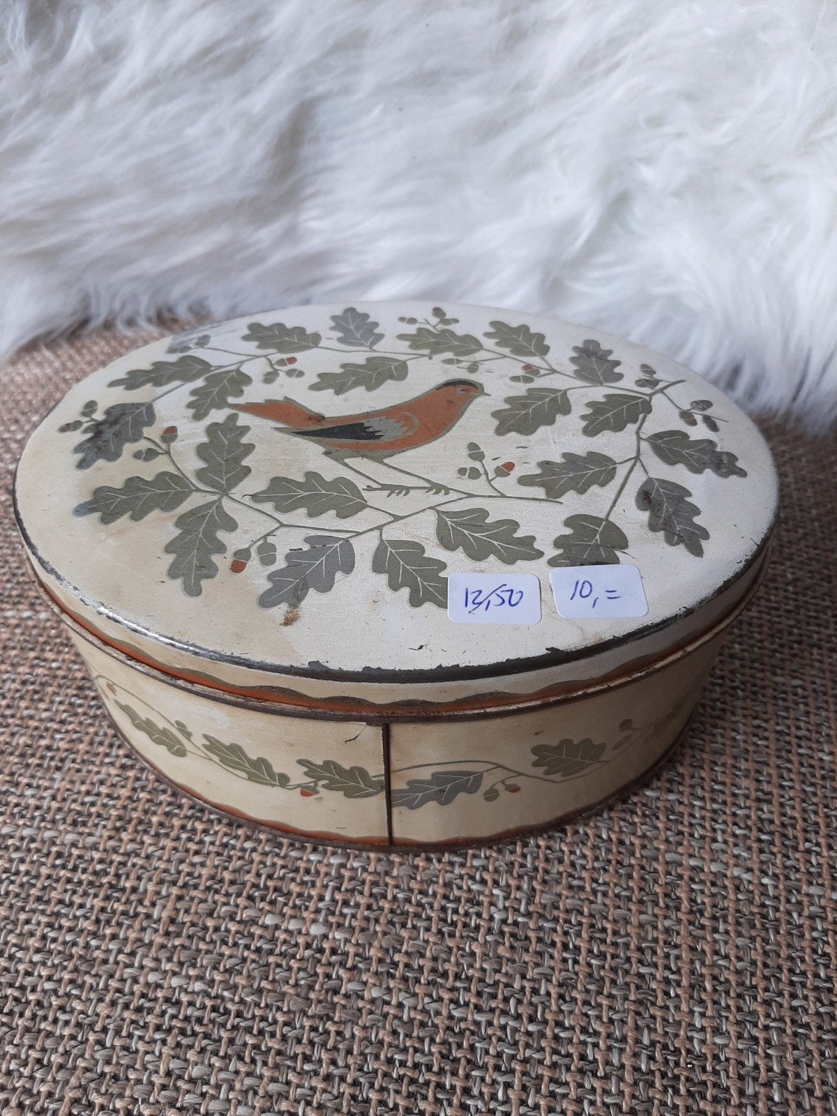 Vintage Verkade blik met vogel en eikenblad decoratie, Verzamelen, Ophalen, Gebruikt, Koek(jes), Verkade