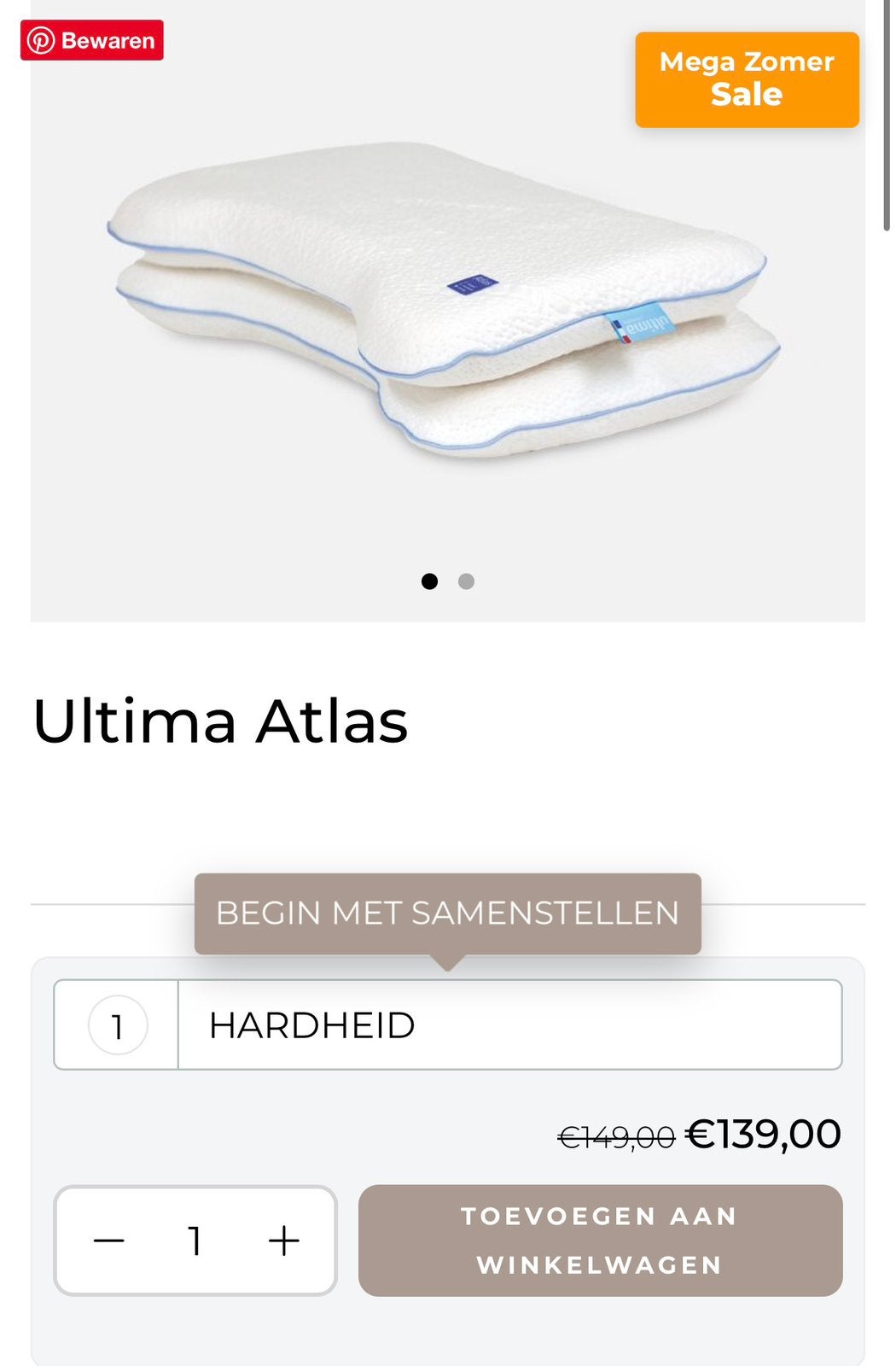 Ultima Atlas hoofdkussen nieuw, Eenpersoons, Wit, Overige materialen, Ophalen of Verzenden