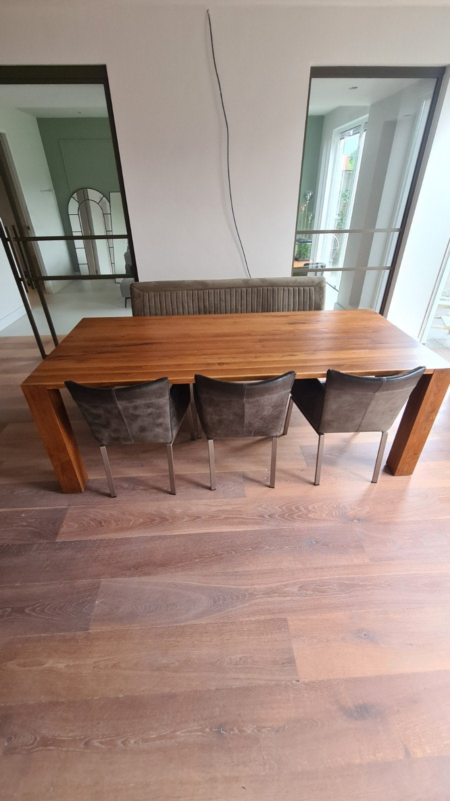 Robuuste houten eiken eettafel 220x100, Ophalen, 50 tot 100 cm, Vijf personen of meer, 200 cm of meer