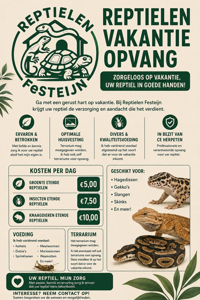 Reptielen vakantie opvang, Dieren en Toebehoren, Ophalen, Nieuw, Overige typen