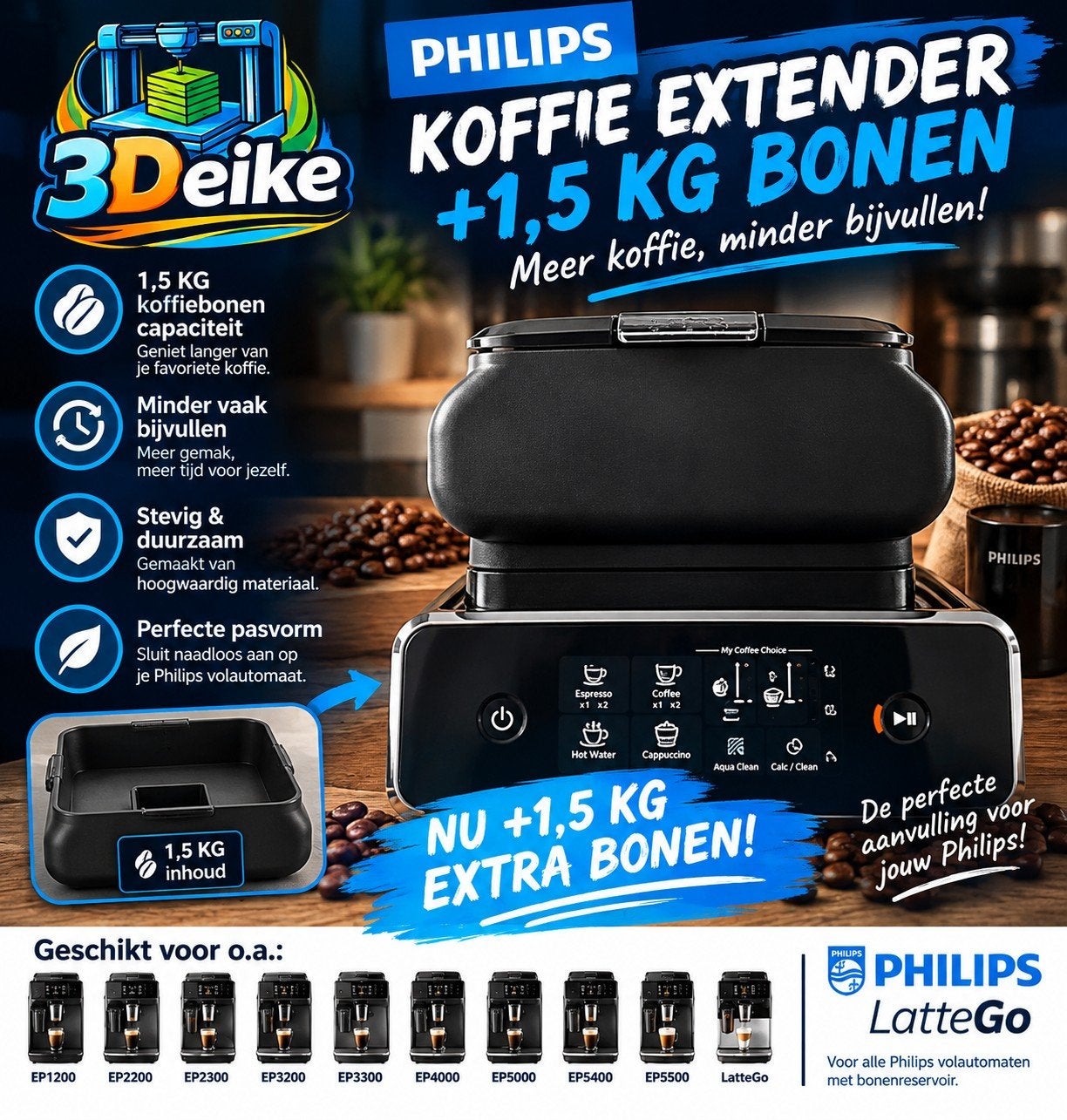 Philips Koffie Extender 1.5 kg  Meer koffie minder bijvullen, 10 kopjes of meer, Koffiemachine, Nieuw, Koffiebonen