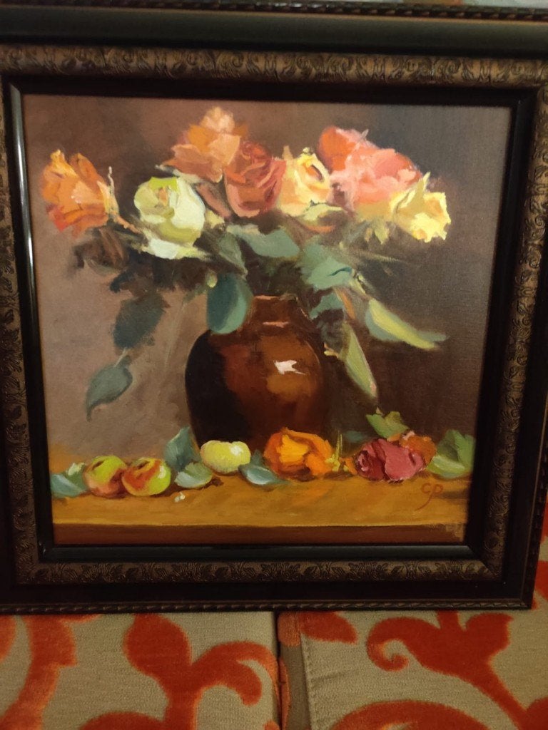 Olieverf schilderij, Stilleven met bloemen en fruit, 36x32cm, Antiek en Kunst, Kunst | Schilderijen | Klassiek, Ophalen