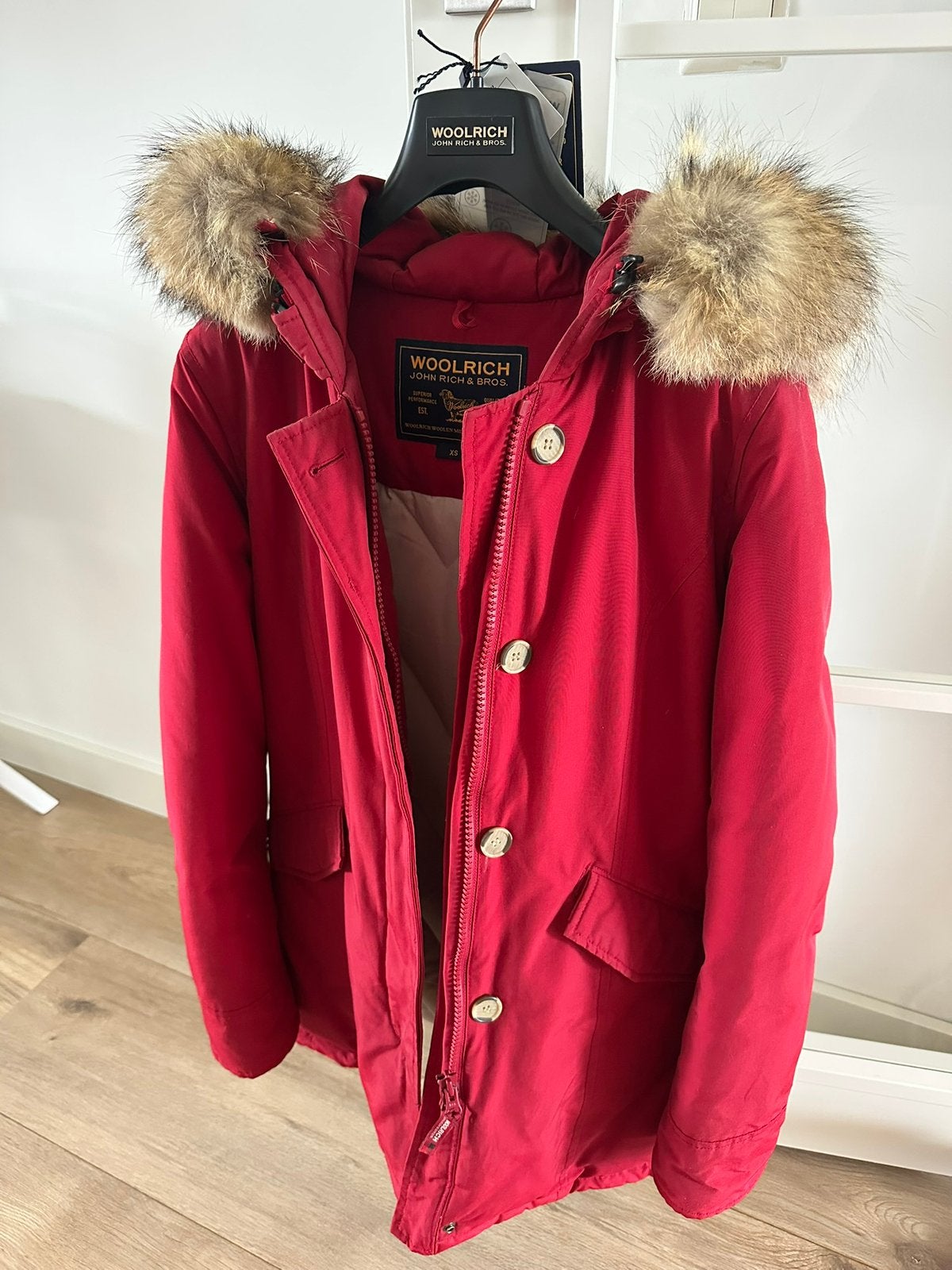 Dames Woolrich Parka rode winterjas, Ophalen of Verzenden, Zo goed als nieuw, Maat 34 (XS) of kleiner, Rood