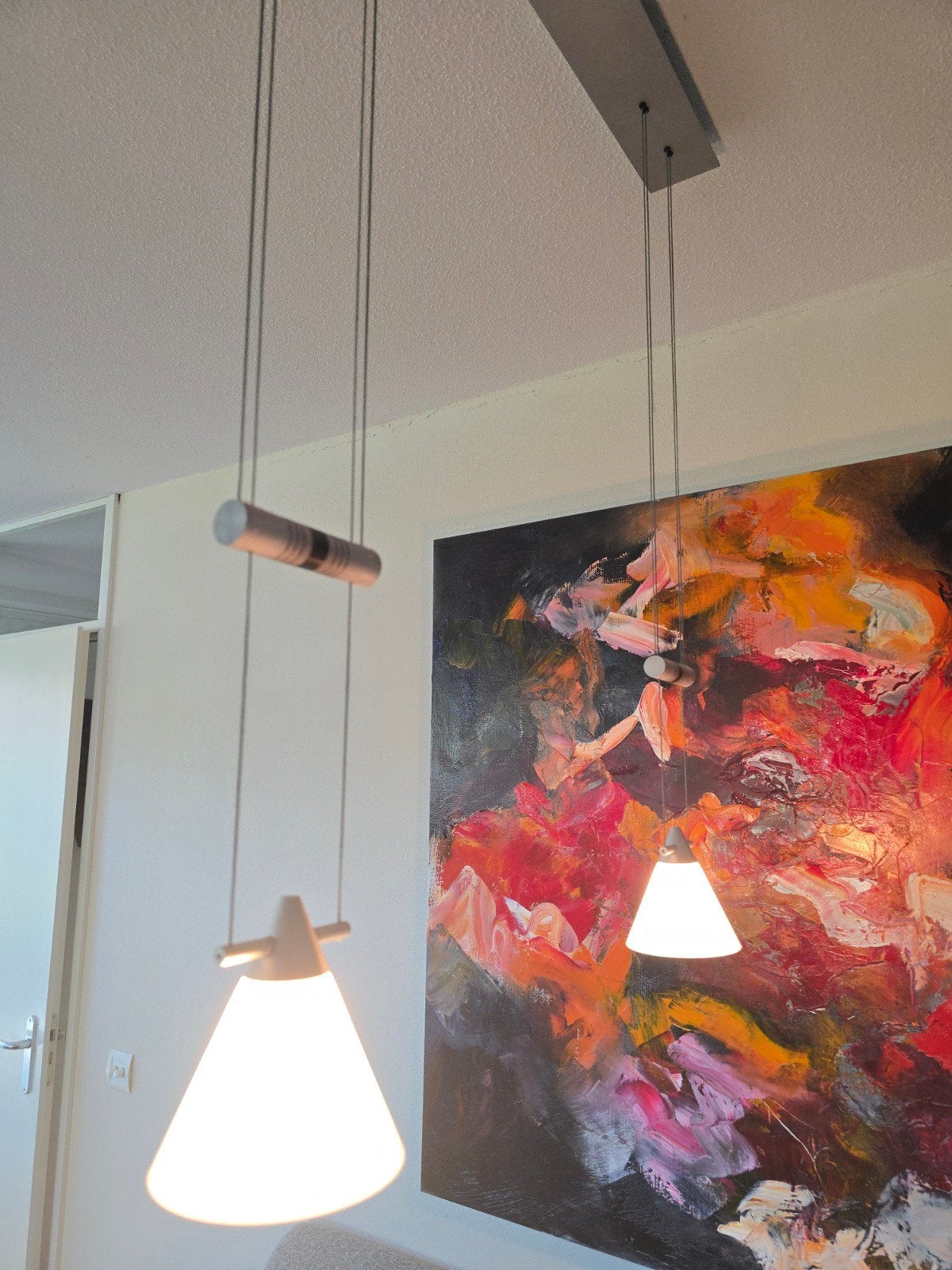 Oligo - Ecolino, Moderne hanglamp met twee verstelbare spots, Gebruikt, Overige fittingen, Ophalen of Verzenden, Glas