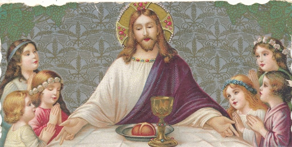 Devotie prentje Christus met kelk en brood en 6 kindertjes, Ophalen of Verzenden, Zo goed als nieuw, Kaart of Prent, Christendom | Katholiek