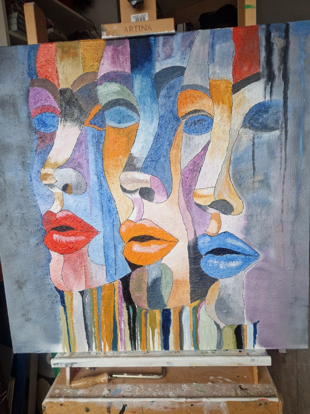 Modern Olieverf Schilderij: Drie Gezichten - 80x80 cm, Ophalen