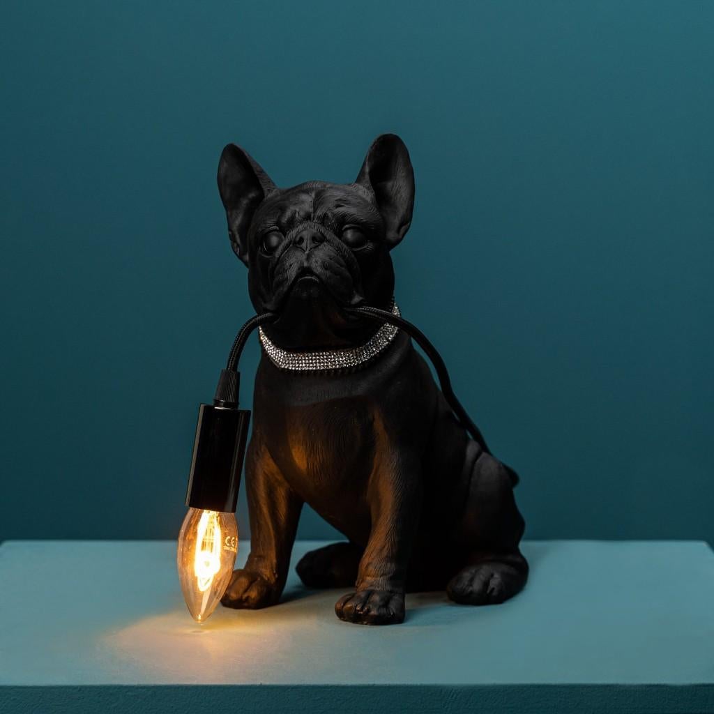 Tafellamp Francis Bulldog – Zwart met gouden halsband, Ophalen of Verzenden, Nieuw, Minder dan 50 cm