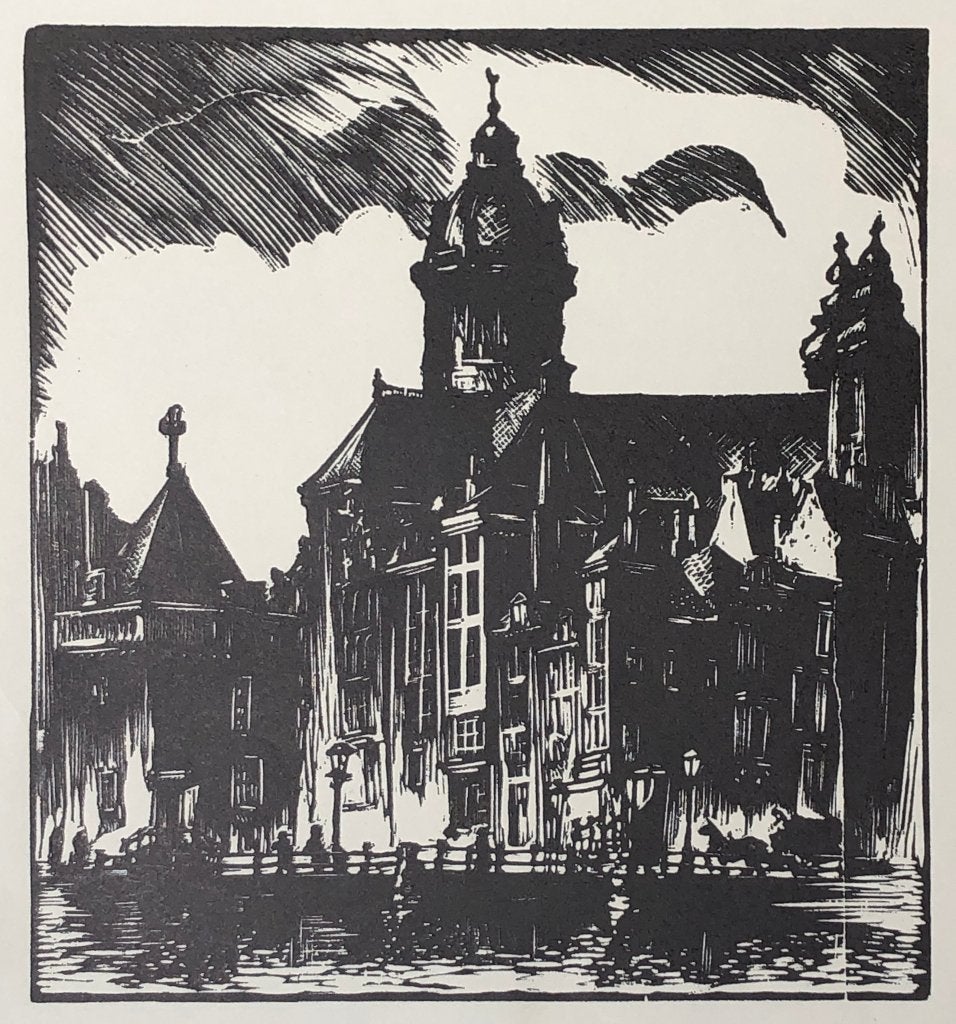 Rein Snapper (1907-1988) Houtsnede 'Pr. Hendrikkade met Schr, Antiek en Kunst, Ophalen of Verzenden