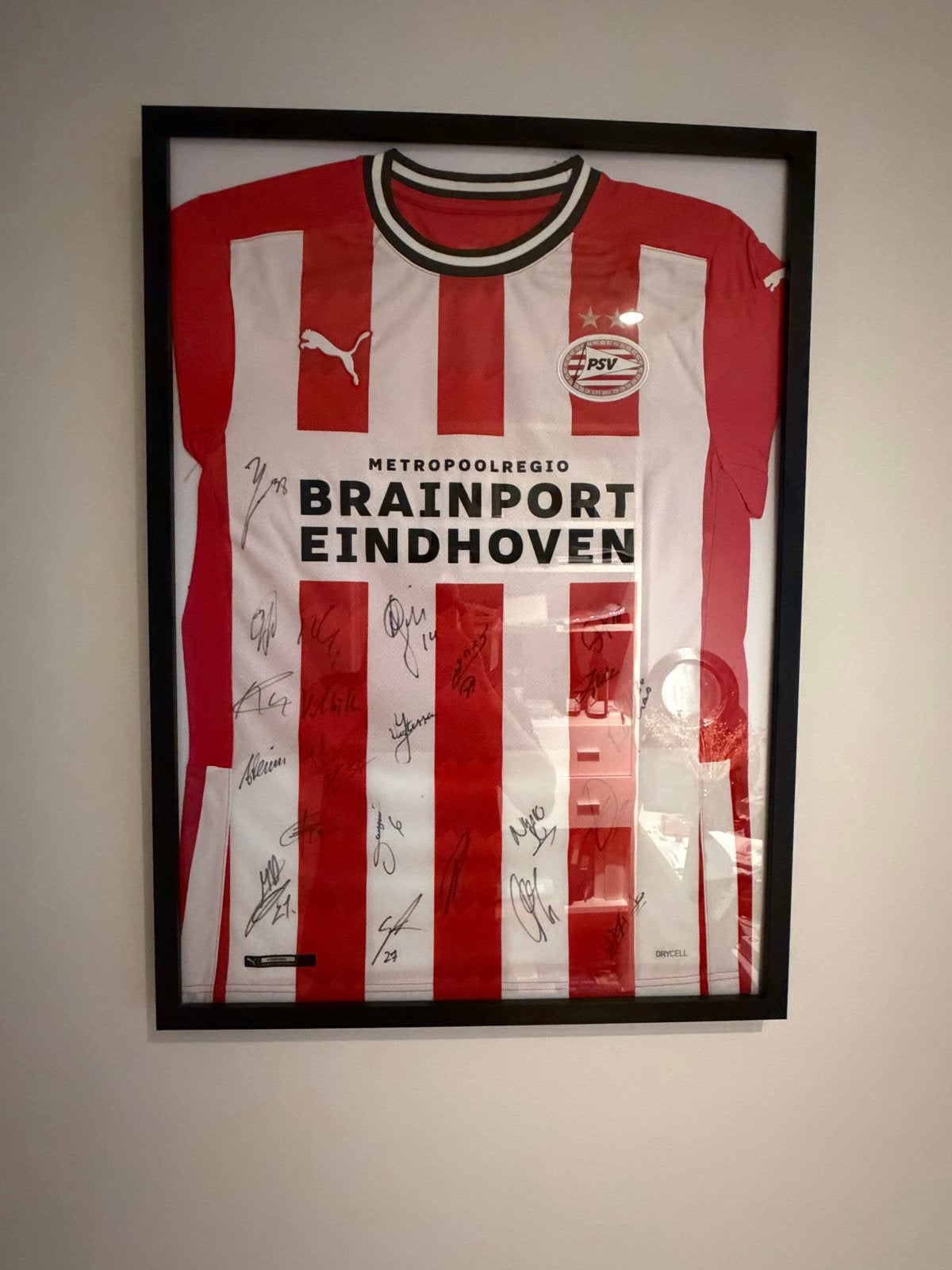 Ingelijst PSV Kampioensshirt 2024/2025 met handtekeningen, Verzamelen, Sportartikelen en Voetbal, Ophalen of Verzenden, Zo goed als nieuw