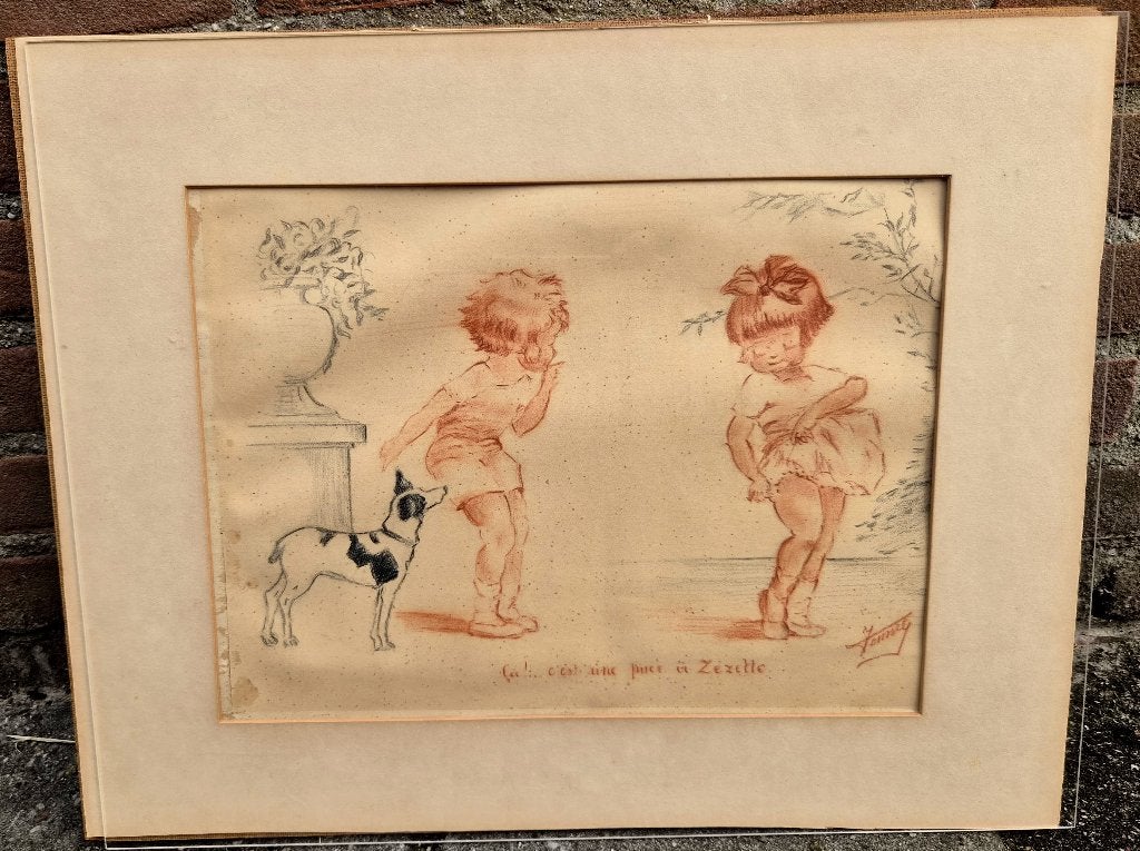 ~1920 Art Deco houtkool tekening Twee meisjes met hond, ges., Portret of Personen, Impressionistisch, Ophalen of Verzenden, Tekening