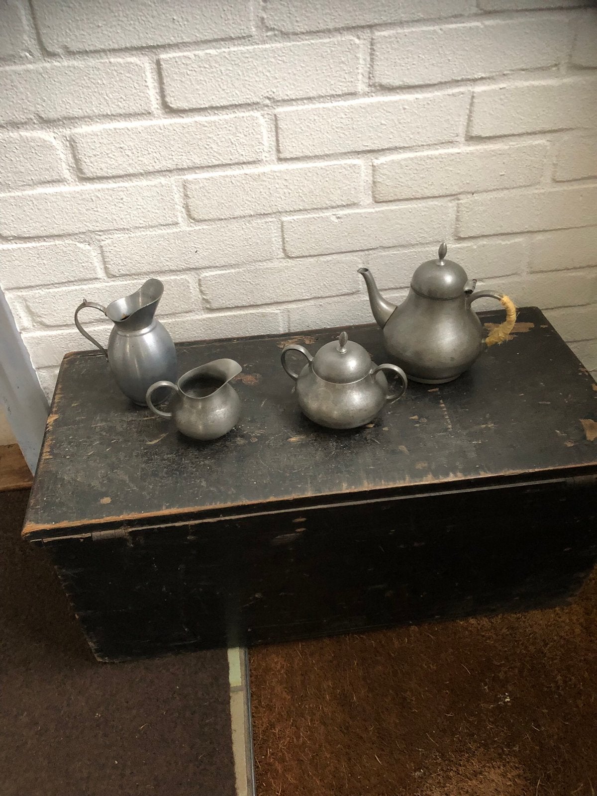 Antiek tinnen theeservies - 4-delig, Antiek en Kunst, Ophalen of Verzenden