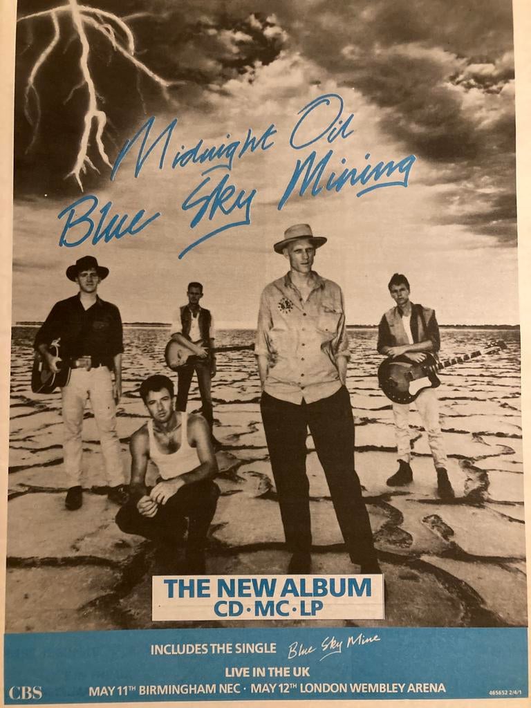 Paginagrote A3 advertentie MIDNIGHT OIL Blue Sky Mining WEMB, Ophalen of Verzenden, Zo goed als nieuw, A1 t/m A3