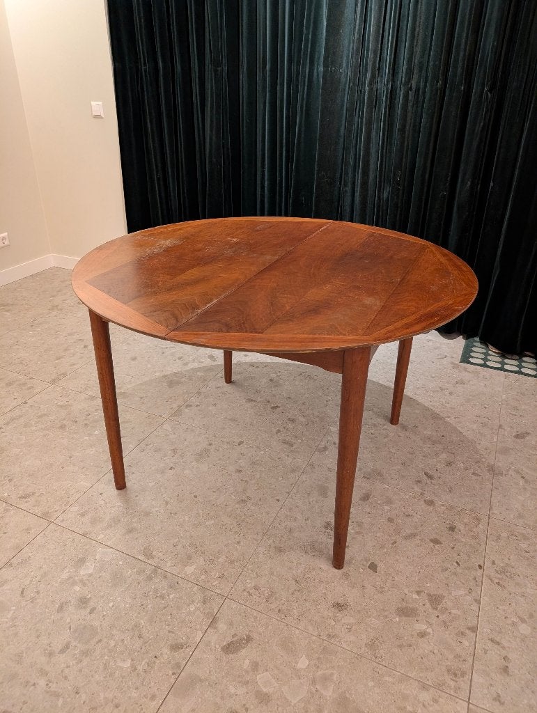 Vintage retro teak uitschuifbare ronde eettafel 115-155cm, Ophalen, Gebruikt, 100 tot 150 cm, Deens